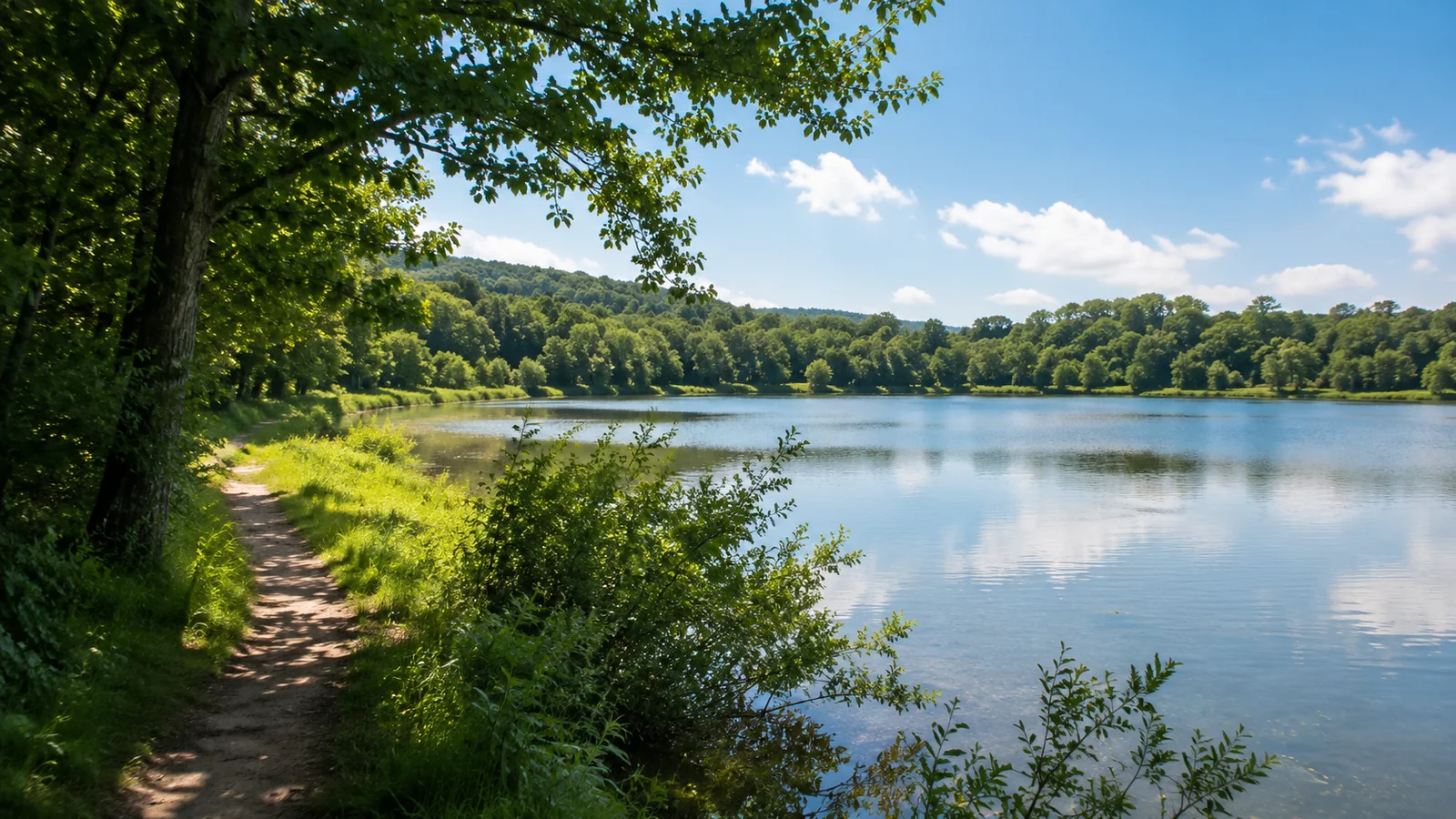 Illustration photoréaliste : sentier arboré longeant le lac de Caniel sous un ciel bleu en Normandie