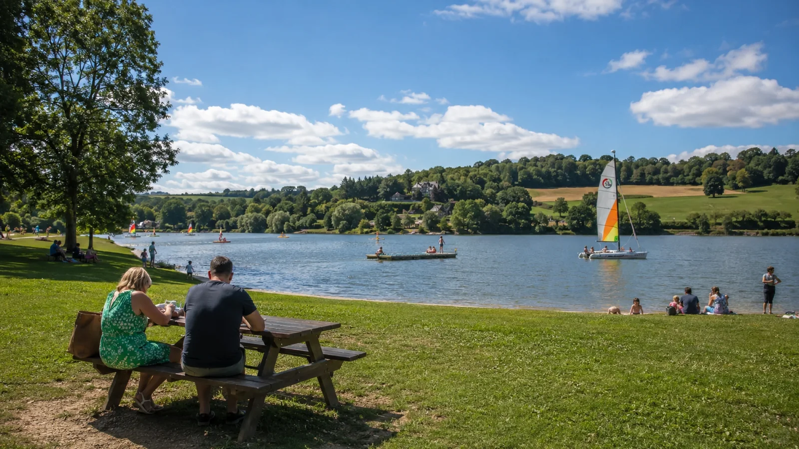 Illustration photoréaliste : couple assis à une table de pique-nique face aux activités du lac de Caniel