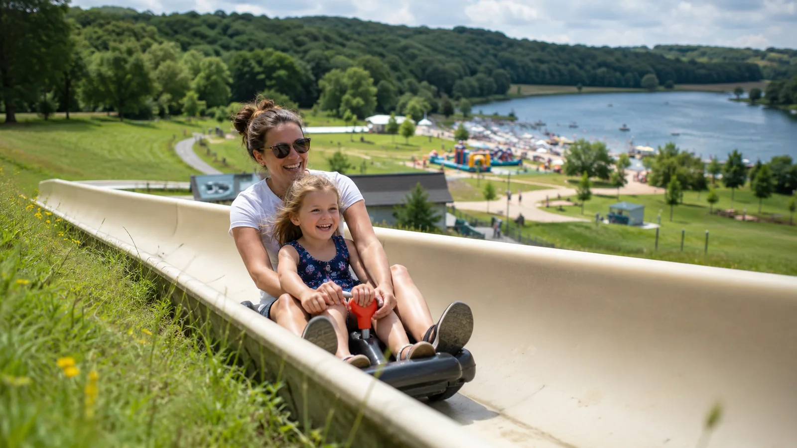 Illustration photoréaliste : mère et enfant descendant la piste de luge d’été avec le lac de Caniel en arrière-plan