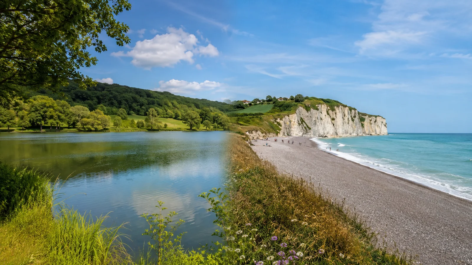 Illustration photoréaliste : vue comparative entre un lac verdoyant et une plage de galets bordée de falaises normandes
