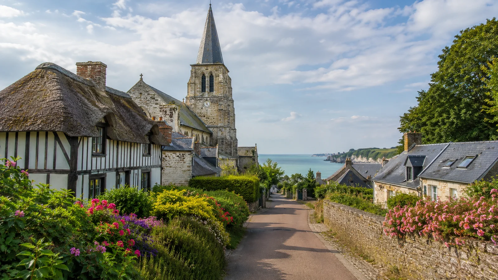 Illustration photoréaliste : village normand fleuri avec église, maisons en pierre et vue sur la mer près de Paluel