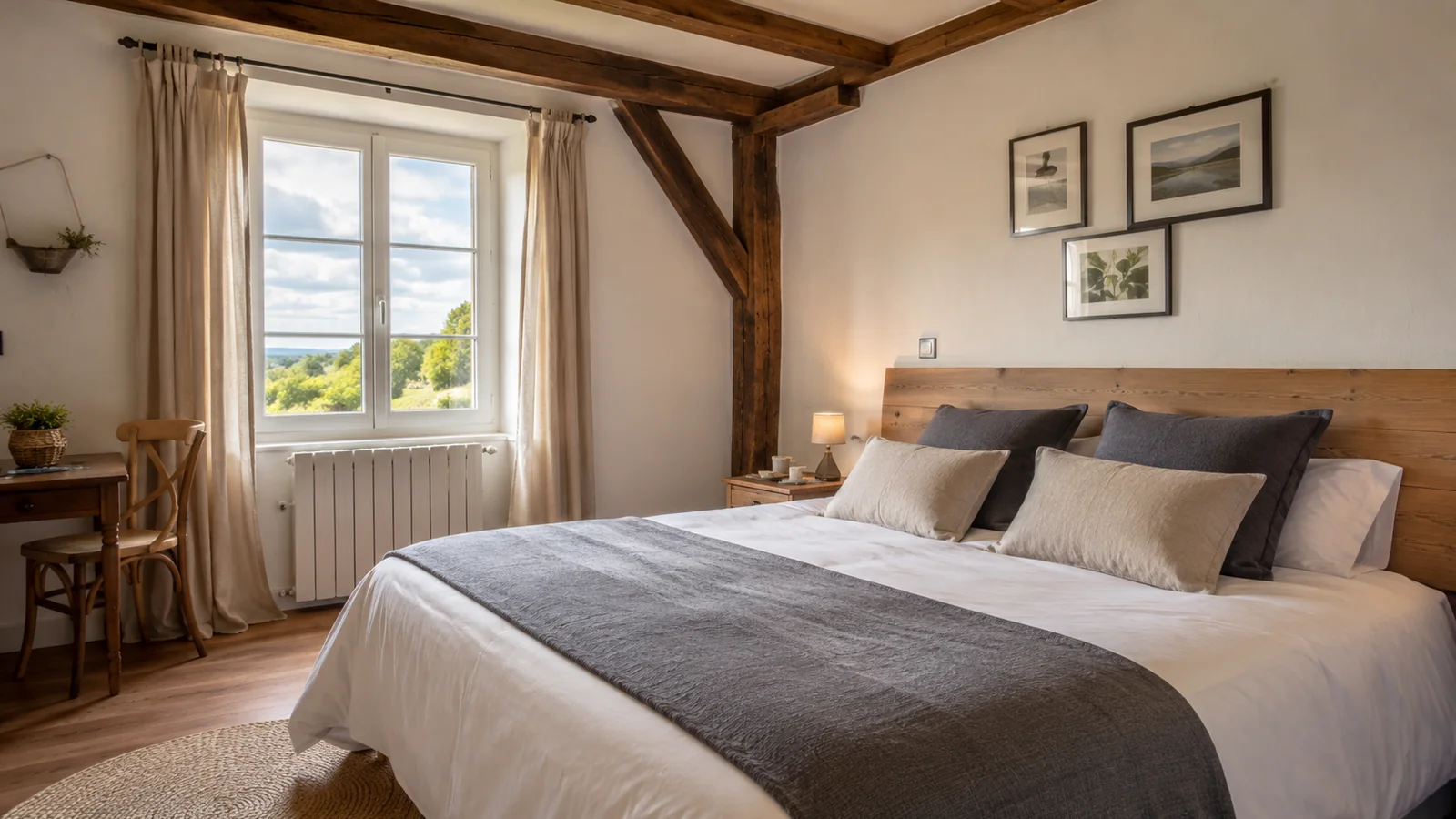 Illustration photoréaliste : chambre lumineuse aux poutres apparentes dans un hébergement de charme à Paluel