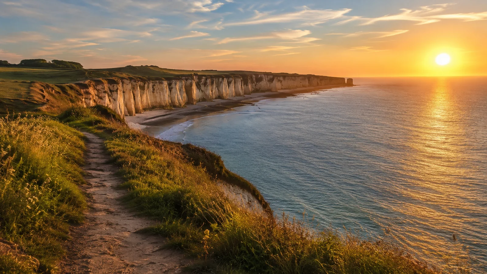 Illustration photoréaliste : falaises de la Côte d’Albâtre au coucher du soleil près d’un hébergement à Paluel