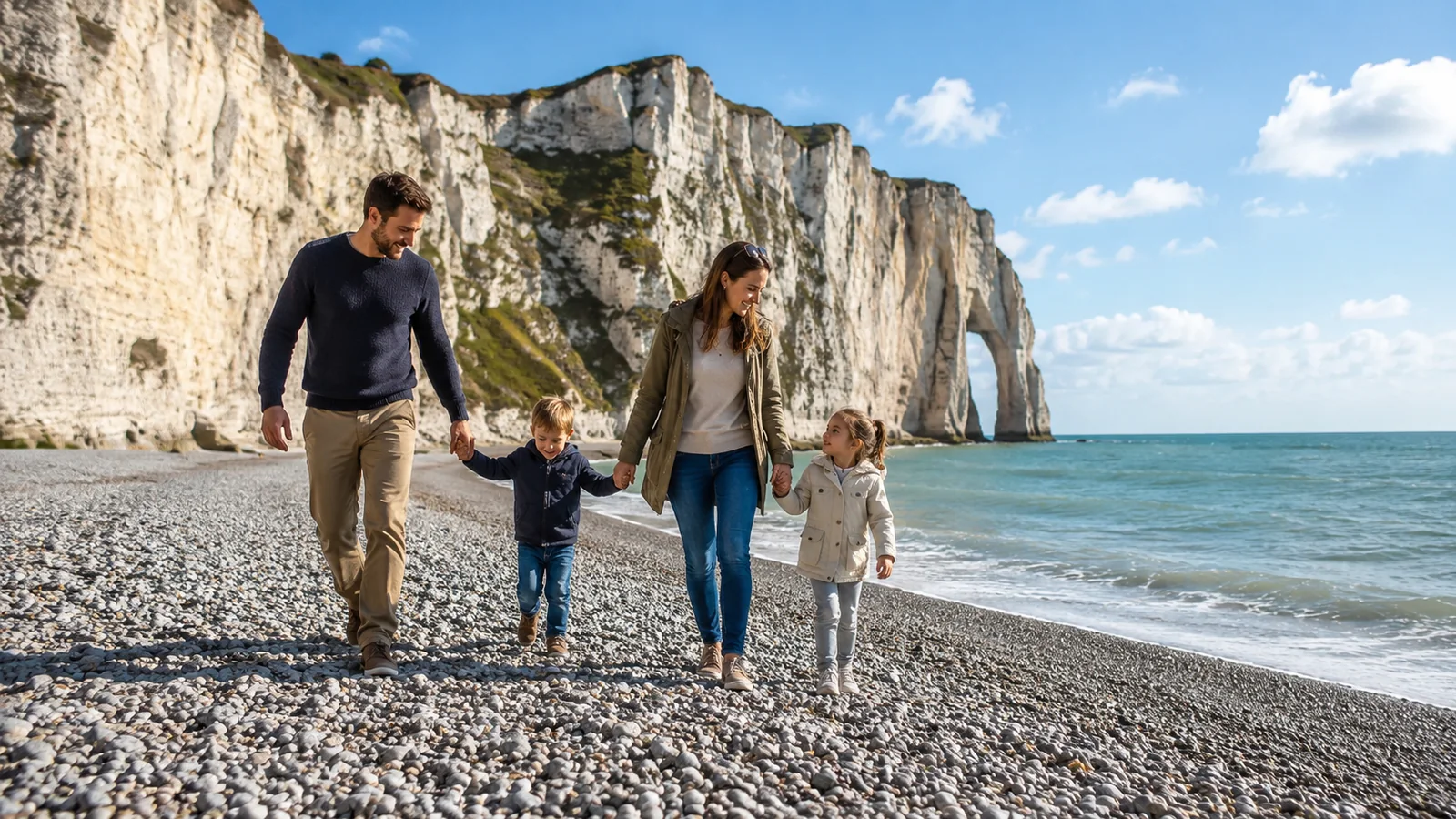 Illustration photoréaliste : famille avec deux jeunes enfants marchant sur une plage de galets de la Côte d’Albâtre