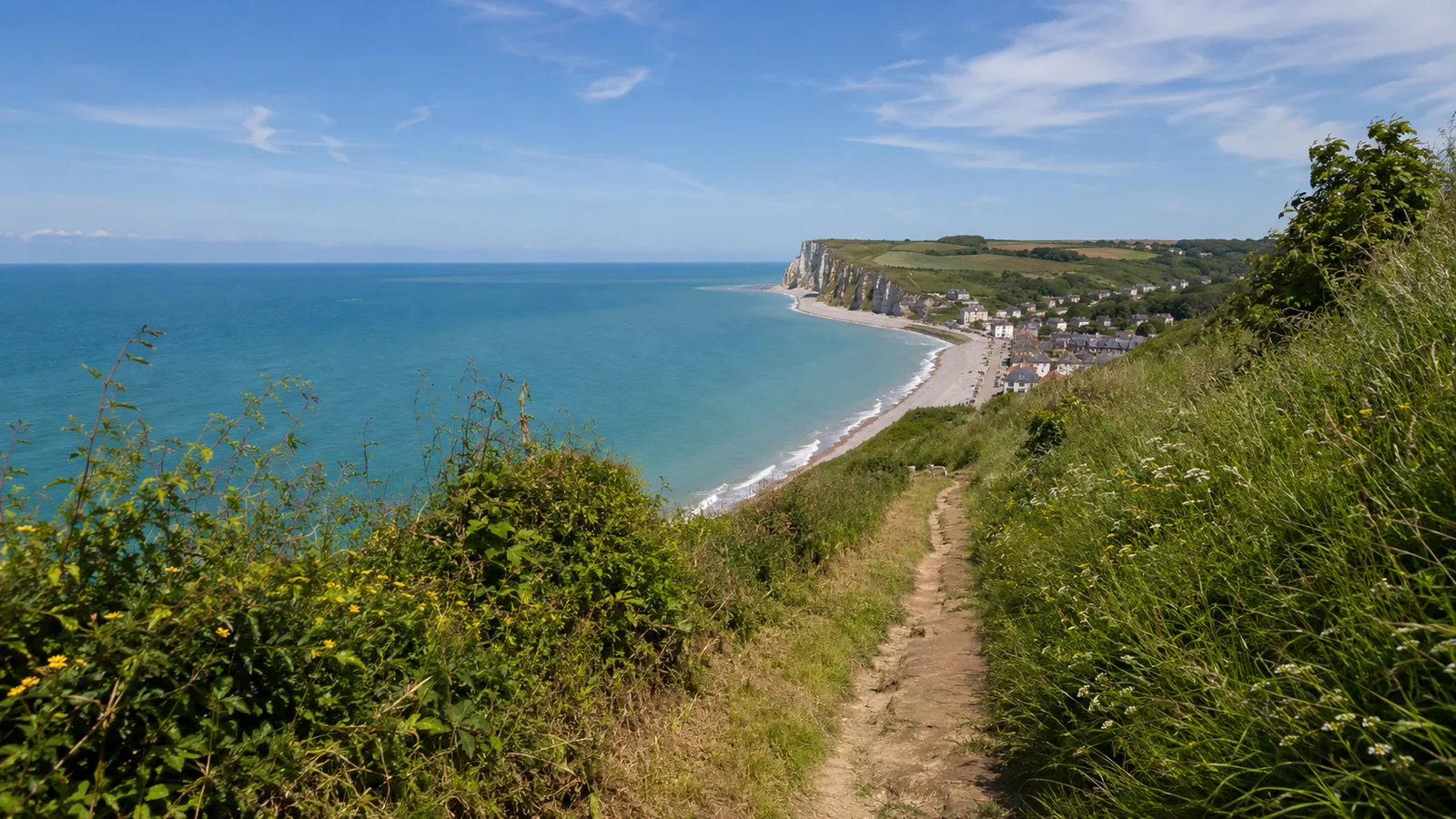 Illustration photoréaliste : sentier côtier verdoyant dominant Veulettes-sur-Mer et les falaises de la Côte d’Albâtre