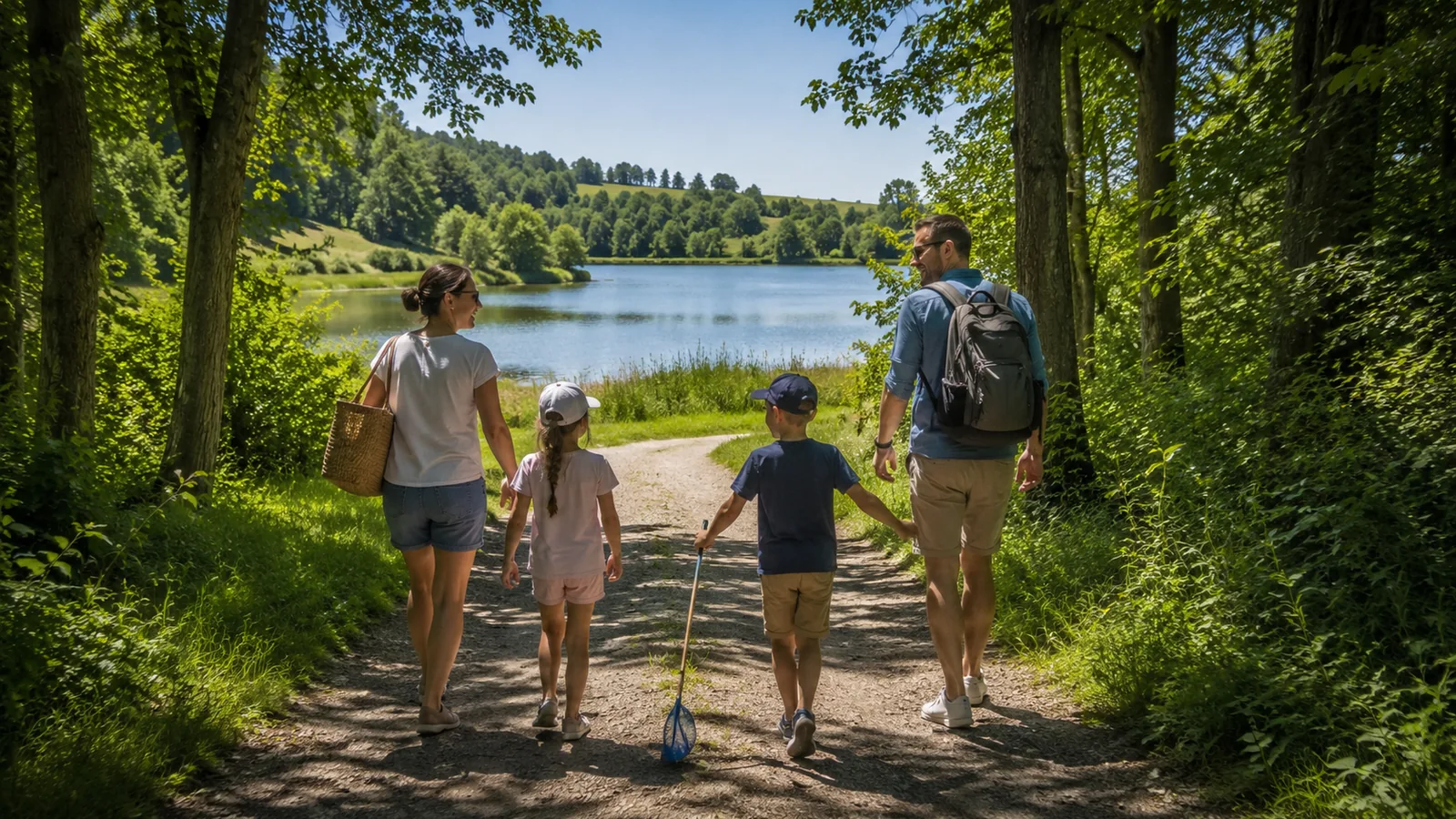 Illustration photoréaliste : famille marchant sur un chemin boisé vers un lac près de Paluel en Normandie