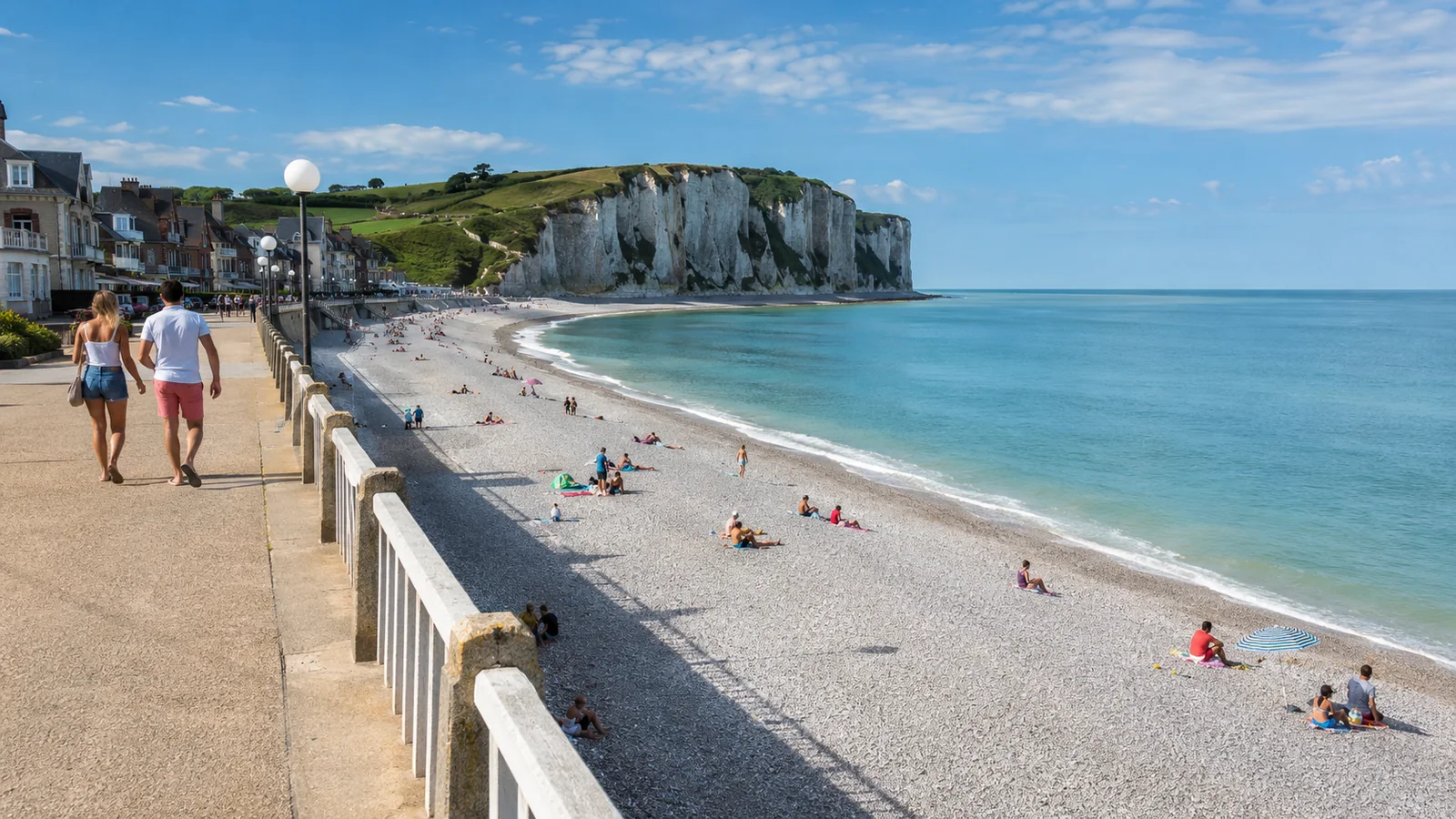 Illustration photoréaliste : promenade et plage de galets de Veulettes-sur-Mer sous un ciel lumineux avec falaises en arrière-plan