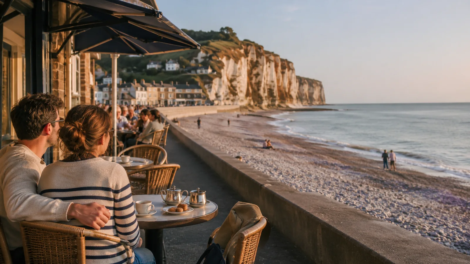 Illustration photoréaliste : couple prenant un café face à la plage et aux falaises pendant un week-end sur la Côte d’Albâtre