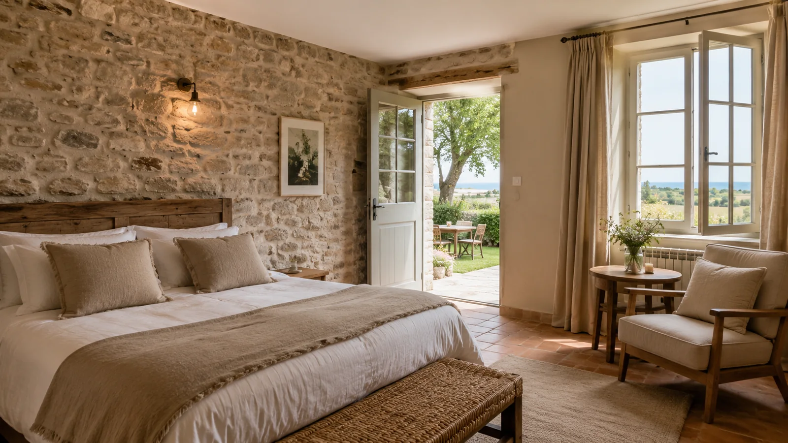 Illustration photoréaliste : chambre lumineuse dans un hébergement normand avec mur en pierre et accès au jardin