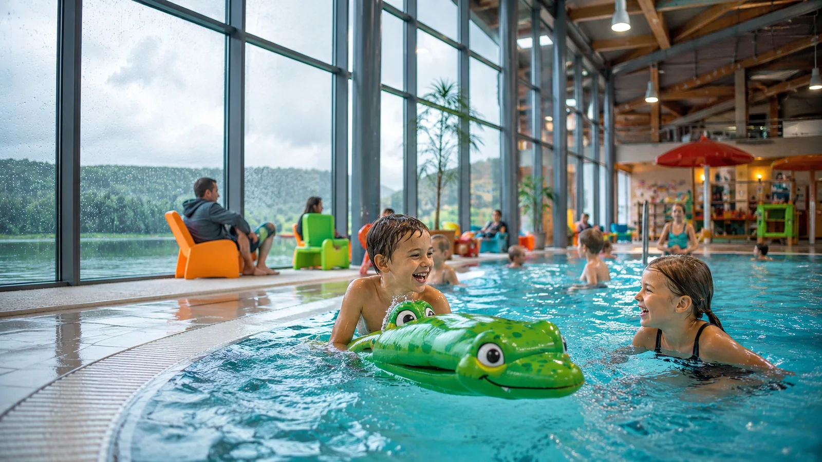 Illustration photoréaliste : enfants jouant dans une piscine intérieure lors d’une journée pluvieuse près du lac de Caniel