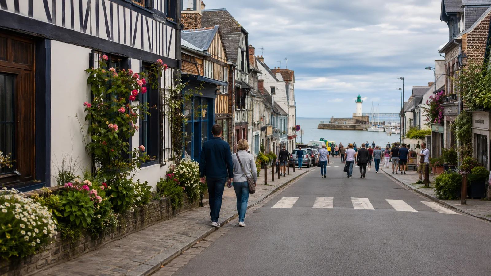 Illustration photoréaliste : rue fleurie descendant vers le port et le phare de Saint-Valery-en-Caux avec des visiteurs à pied