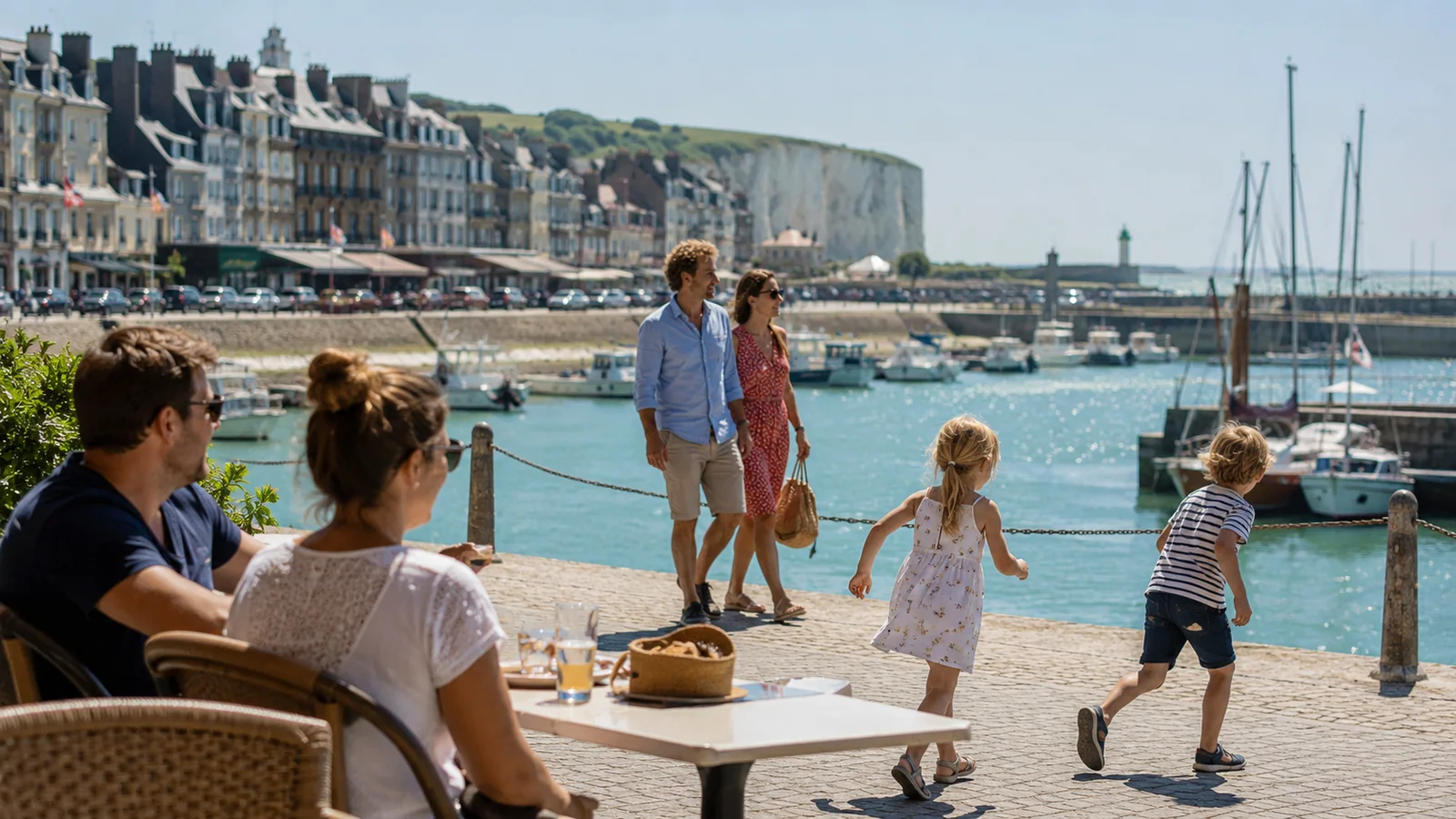 Illustration photoréaliste : familles et enfants se promenant près des bateaux dans le port de Saint-Valery-en-Caux en été