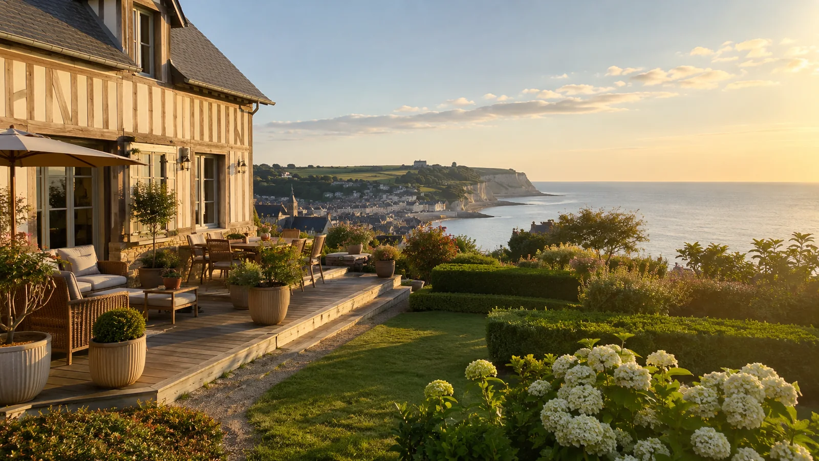 Illustration photoréaliste : hébergement normand avec terrasse et jardin au coucher du soleil face à la Côte d’Albâtre