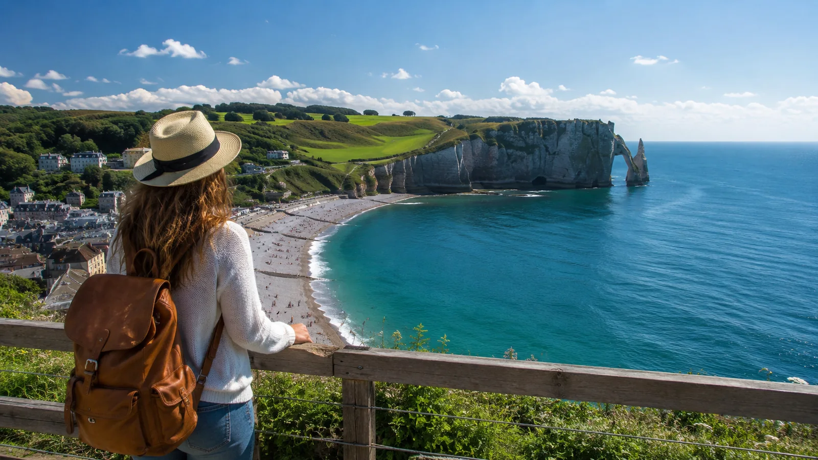 Illustration photoréaliste : voyageuse observant Étretat, sa plage et ses falaises depuis un point de vue aménagé