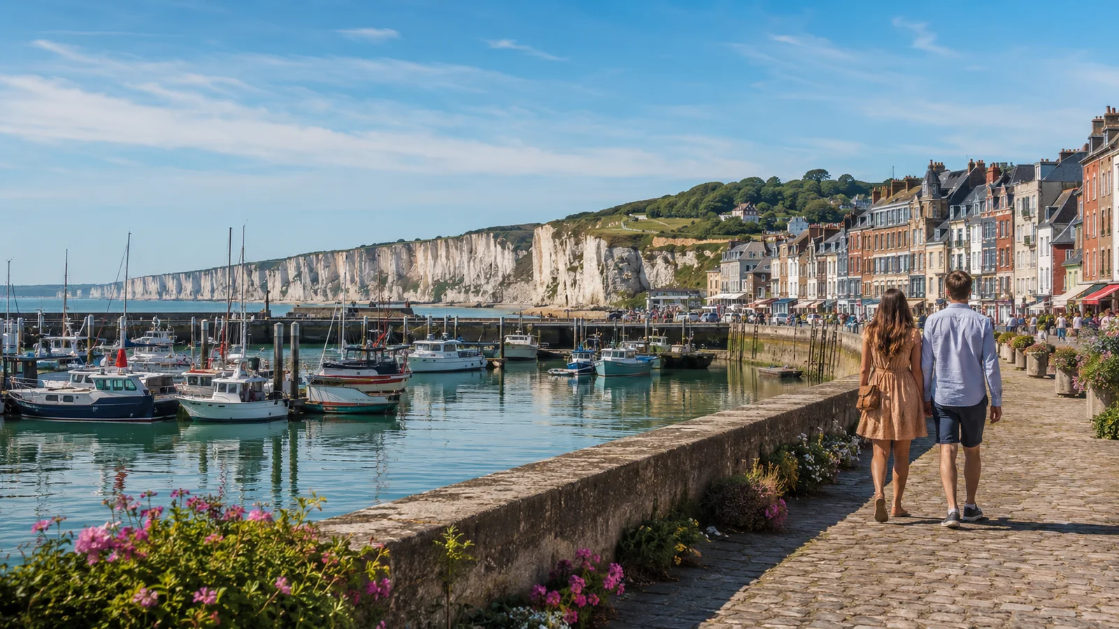Illustration photoréaliste : couple en promenade le long du port de Saint-Valery-en-Caux face aux falaises de la Côte d’Albâtre