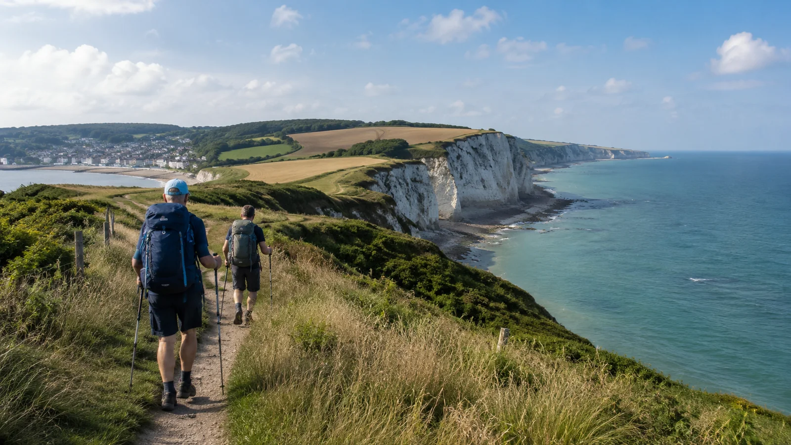 Illustration photoréaliste : randonneurs équipés marchant sur un sentier côtier au-dessus des falaises de la Côte d’Albâtre