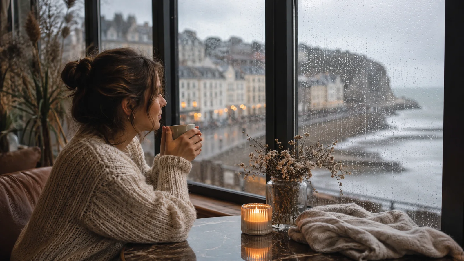 Illustration photoréaliste : voyageuse prenant une boisson chaude devant une baie vitrée pluvieuse donnant sur une ville côtière normande