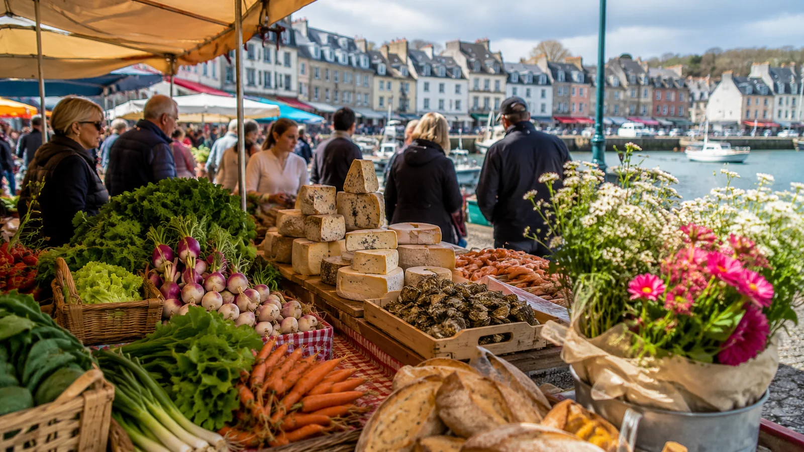 Illustration photoréaliste : étal de marché normand près du port avec légumes, fromages, pains, produits de la mer et fleurs