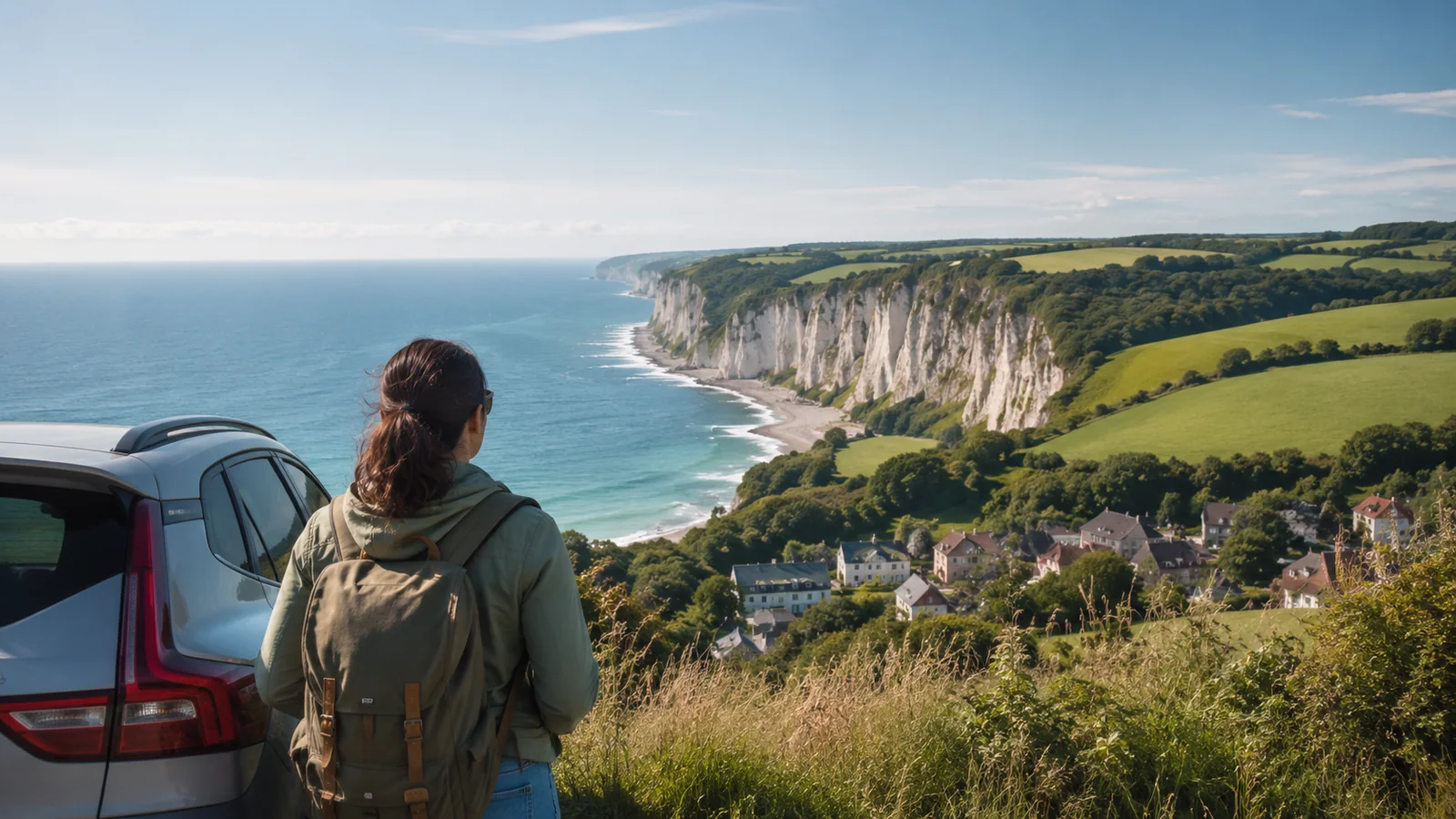 Illustration photoréaliste : voyageuse près de sa voiture observant les falaises, les villages et la mer sur la Côte d’Albâtre