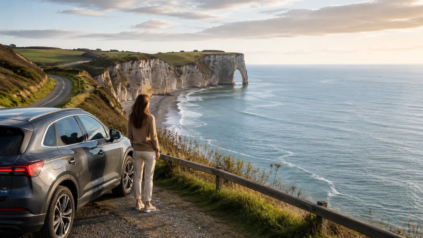 Illustration photoréaliste : automobiliste en halte panoramique devant une route, une plage et les falaises de la Côte d’Albâtre