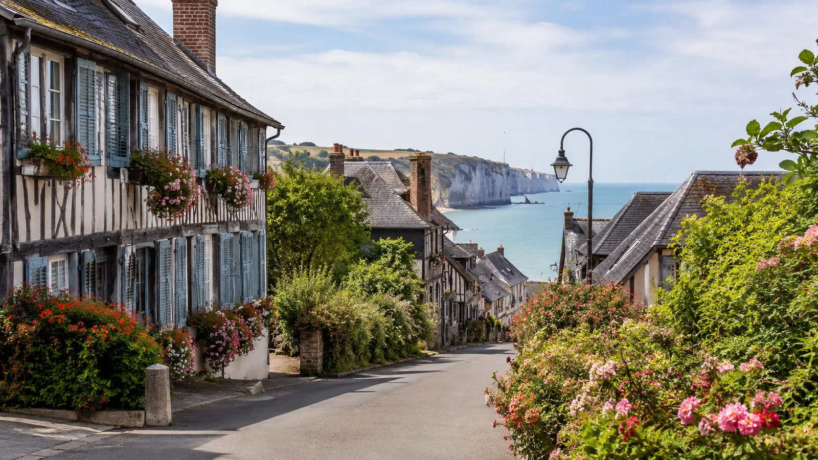 Illustration photoréaliste : rue fleurie bordée de maisons normandes descendant vers la mer et les falaises de la Côte d’Albâtre