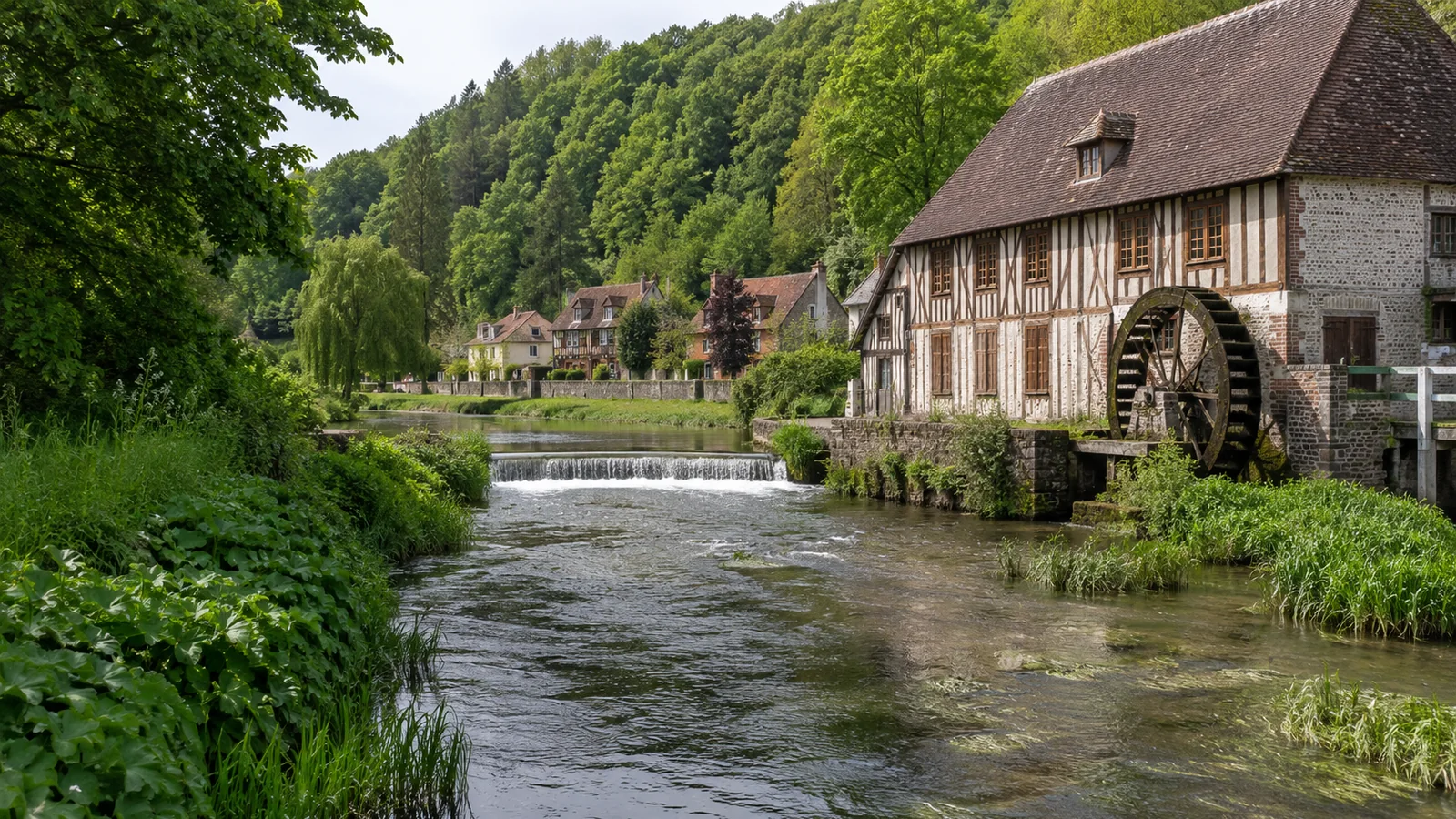 Illustration photoréaliste : ancien moulin à eau et maisons normandes au bord de la Durdent dans une vallée verdoyante