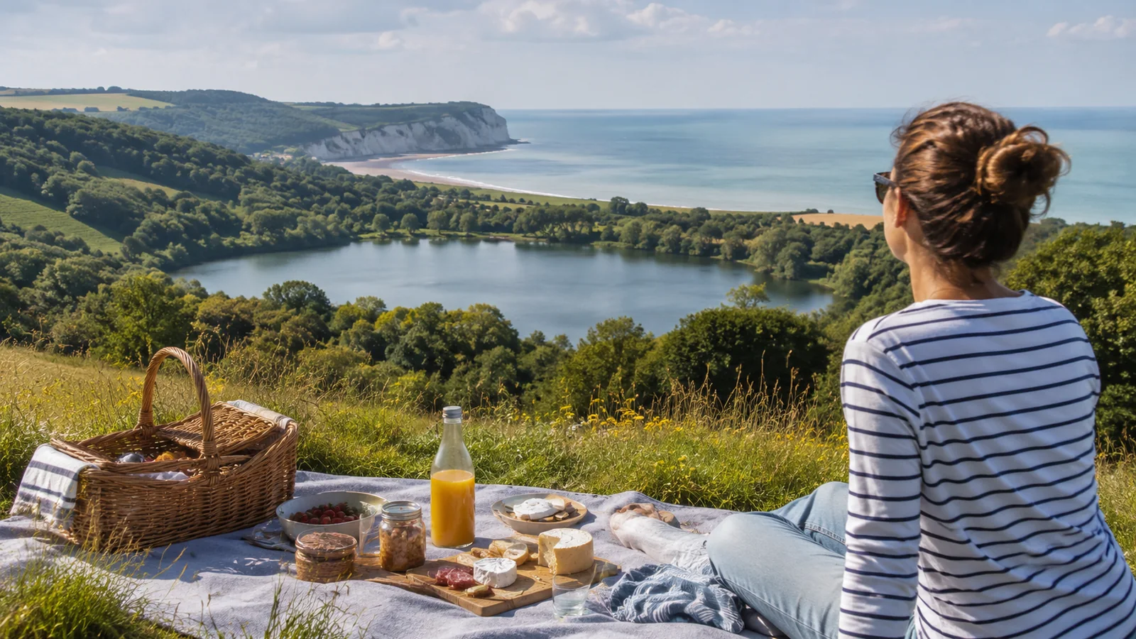 Illustration photoréaliste : pique-nique normand avec vue sur un lac verdoyant et la Côte d’Albâtre au loin