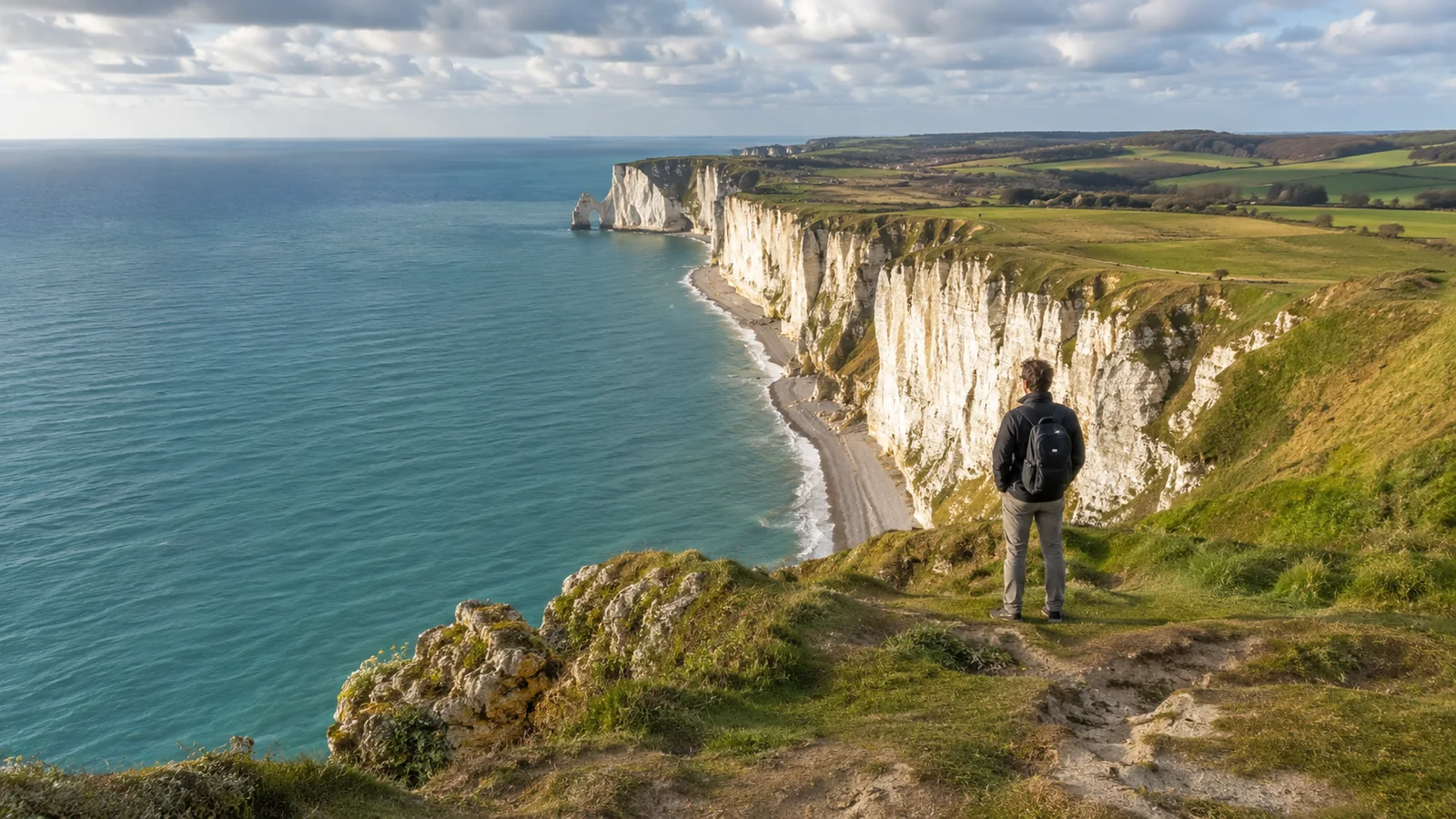 Illustration photoréaliste : voyageur observant un vaste panorama de falaises blanches et de mer depuis un sentier autorisé de la Côte d’Albâtre
