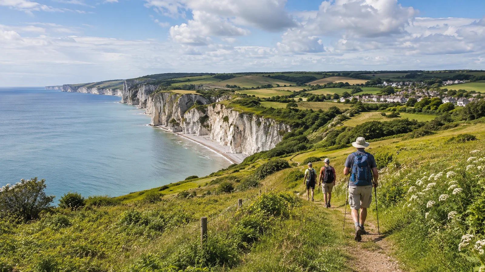 Illustration photoréaliste : randonneurs marchant sur un sentier autorisé dominant les falaises de la Côte d’Albâtre
