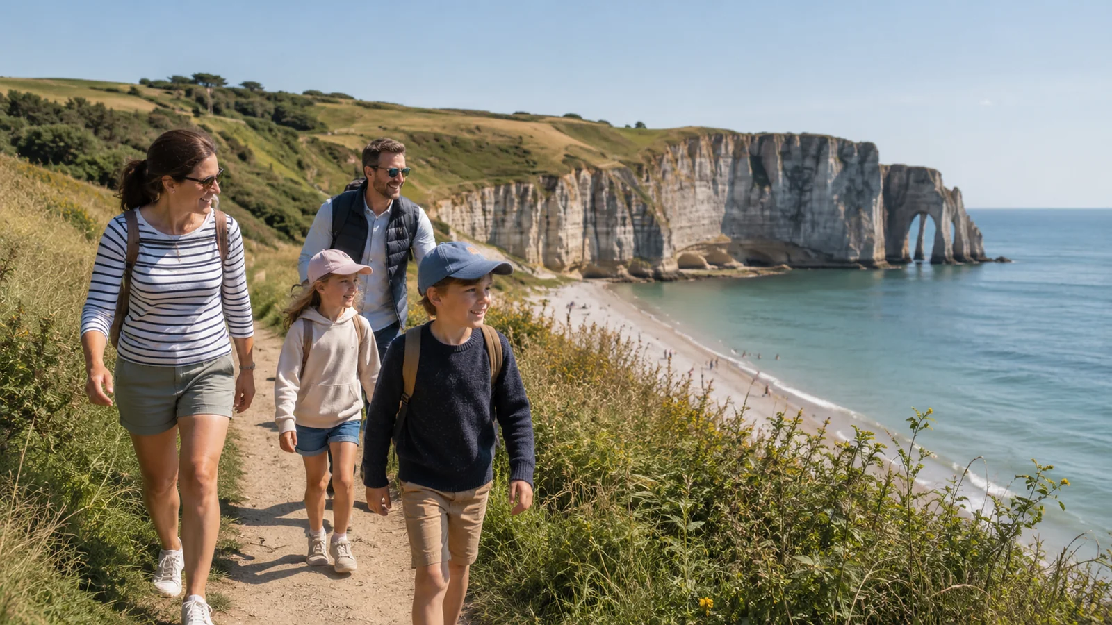 Illustration photoréaliste : famille avec deux enfants marchant sur un sentier côtier sécurisé face aux falaises de la Côte d’Albâtre