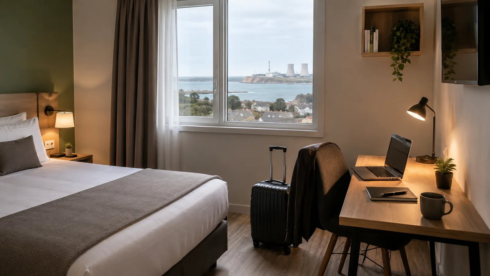 Illustration photoréaliste : chambre moderne avec bureau, ordinateur et bagage pour un déplacement professionnel près de Paluel