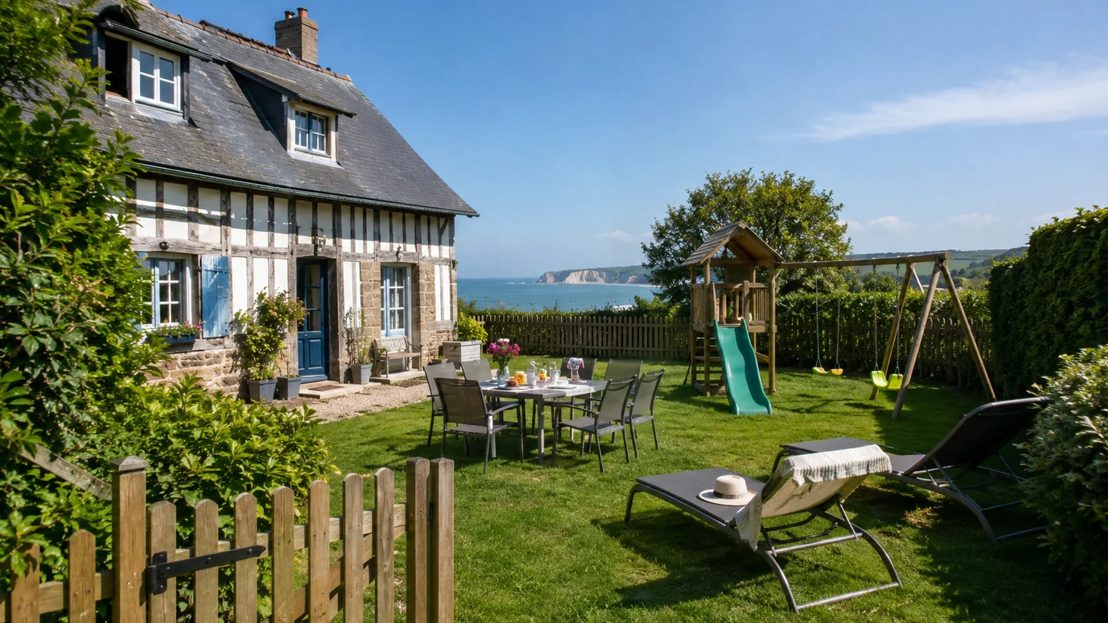 Illustration photoréaliste d’un gîte familial normand avec jardin clos, terrasse, mobilier extérieur et jeux pour enfants près de la mer