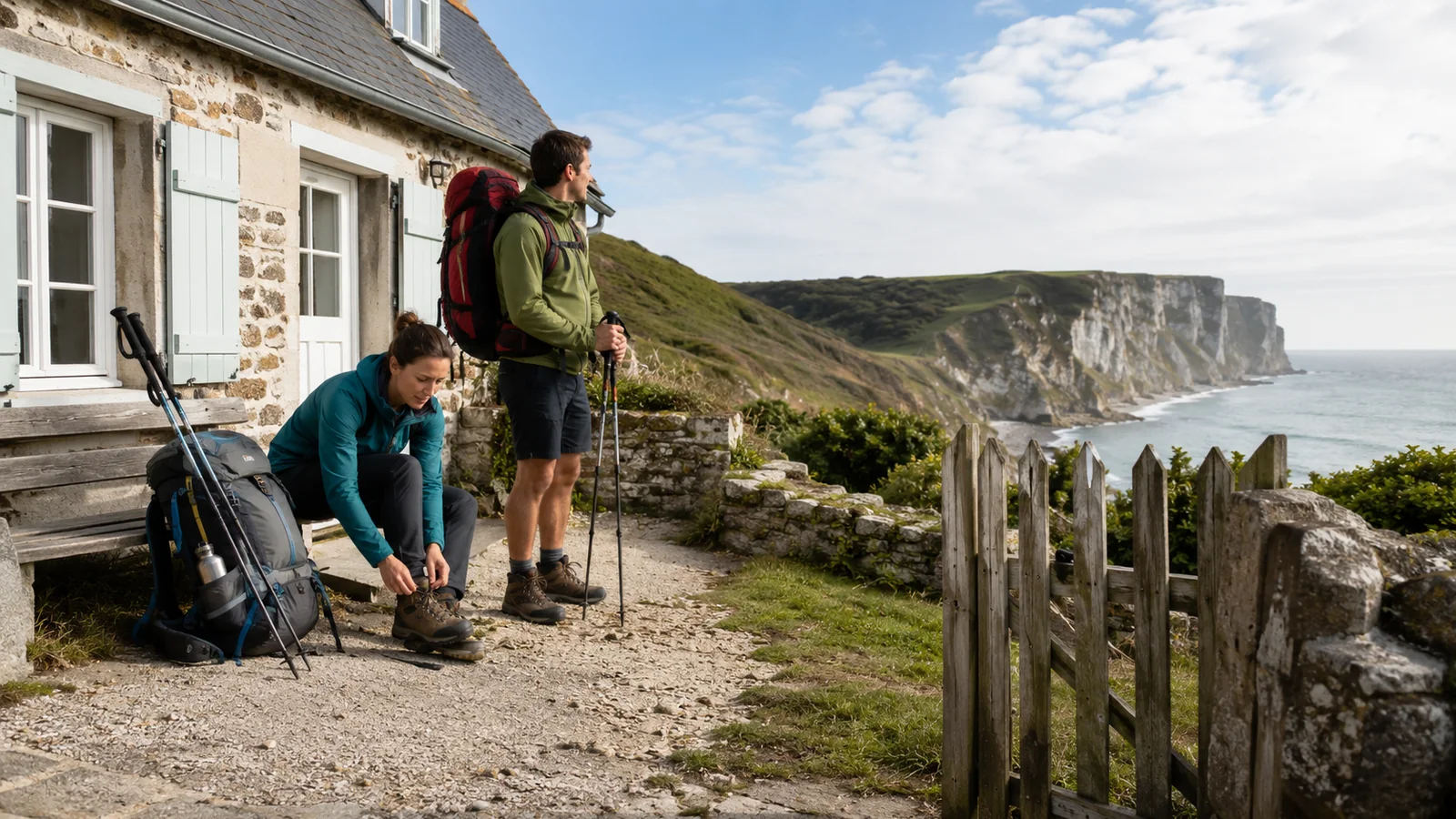 Illustration photoréaliste de randonneurs préparant leur équipement devant un gîte près des falaises et du GR21 sur la Côte d’Albâtre
