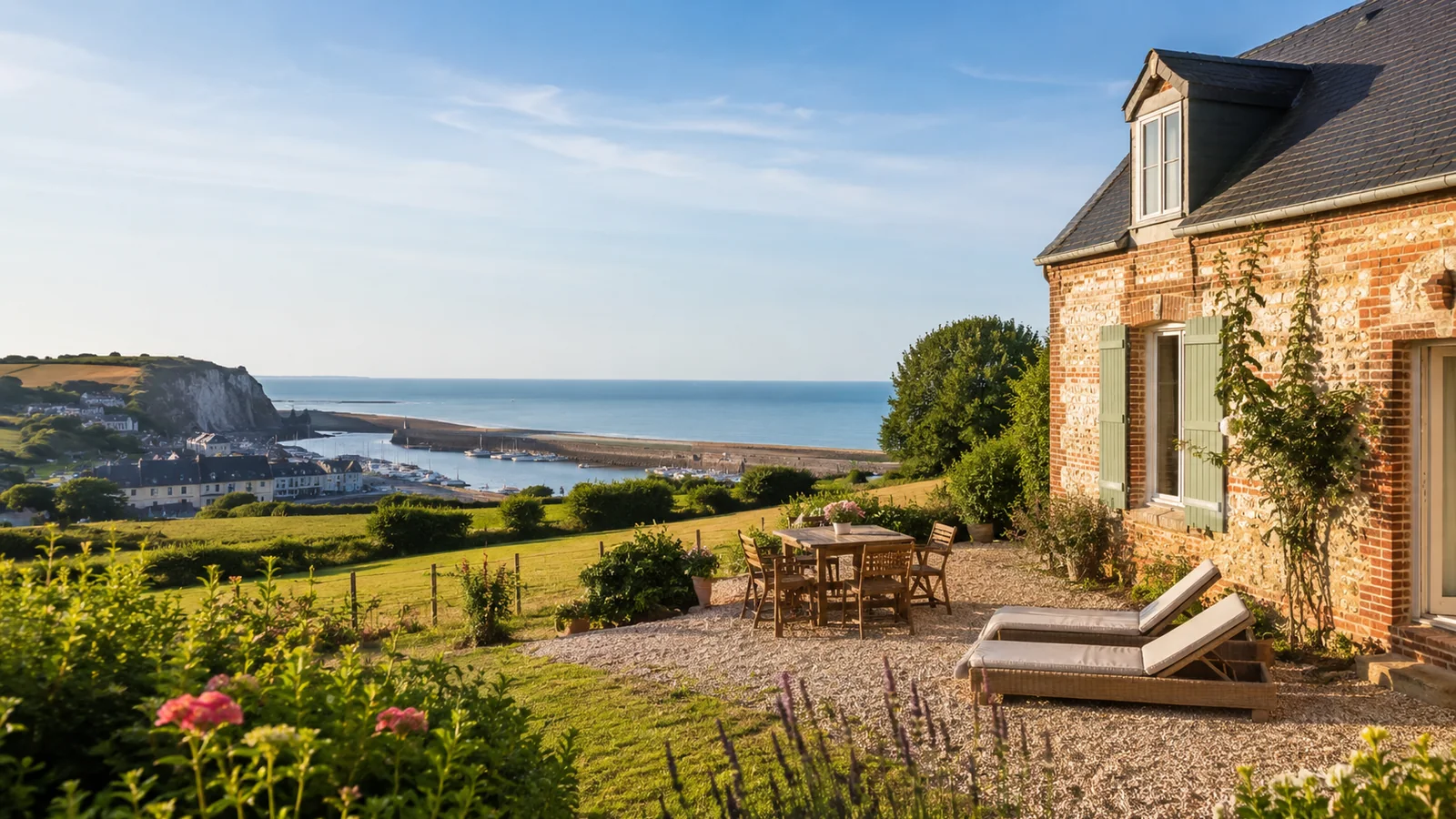Illustration photoréaliste d’un gîte normand dans la campagne dominant le port et la mer près de Saint-Valery-en-Caux