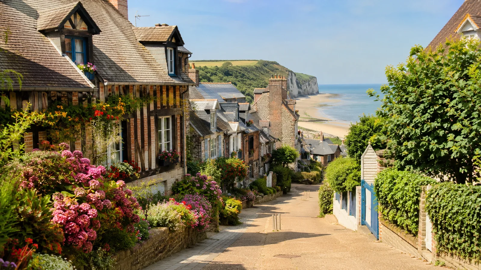 Illustration photoréaliste : rue fleurie d’un village côtier normand descendant vers la mer et les falaises