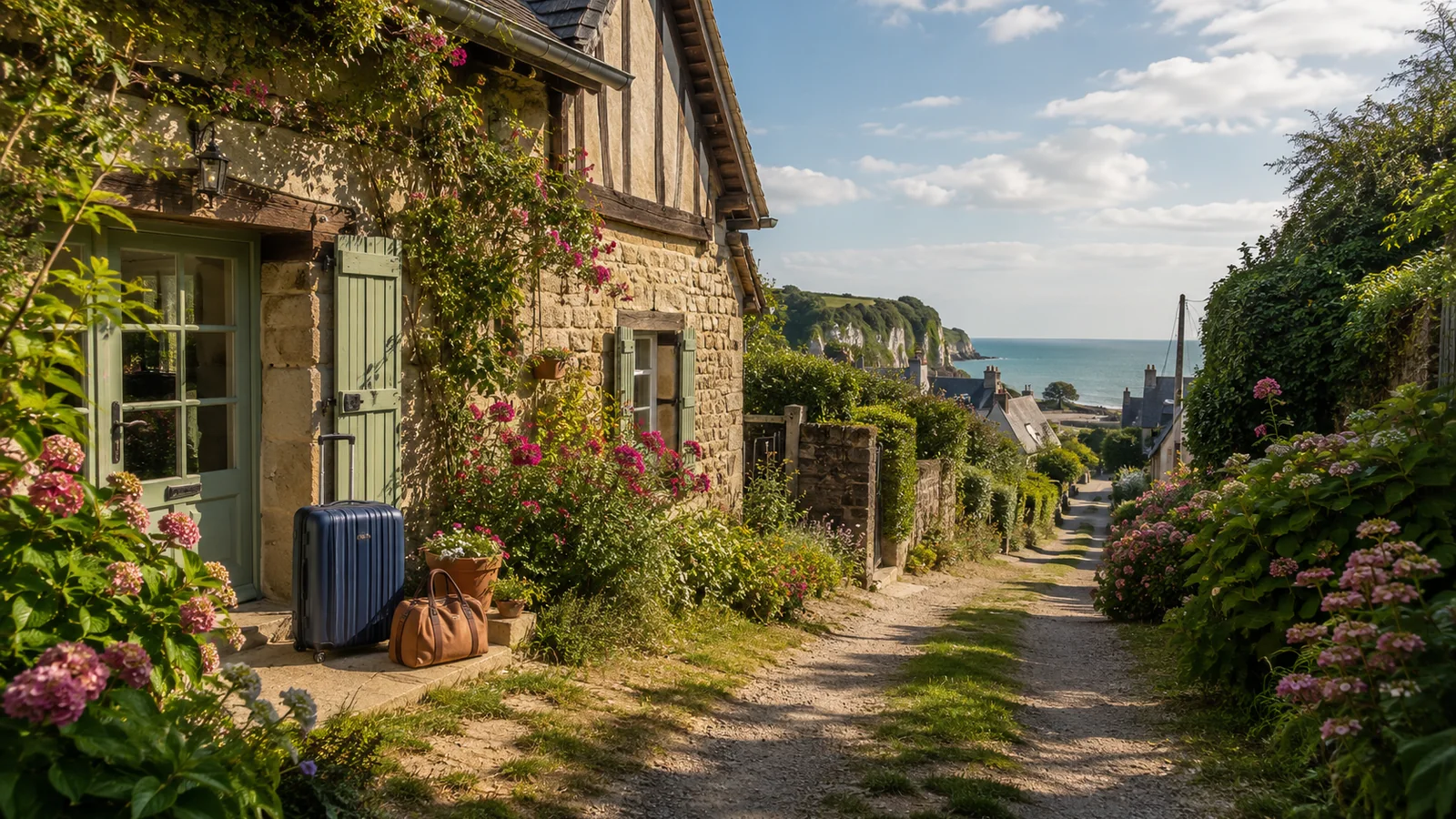 Illustration photoréaliste d’un gîte fleuri dans un village côtier proche de Veules-les-Roses avec la mer et les falaises en arrière-plan