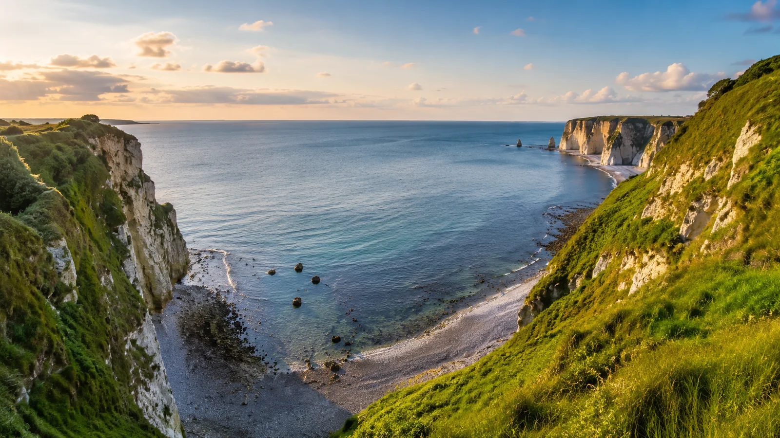 article-04 Illustration photoréaliste : valleuse sauvage de la Côte d’Albâtre au coucher du soleil entre falaises, plage de galets et mer calme