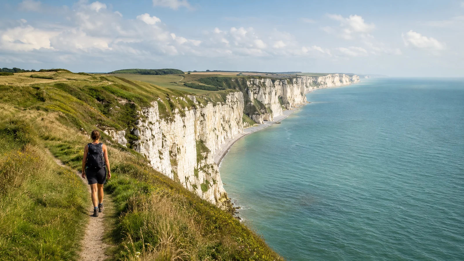 Illustration photoréaliste d’une randonnée sur le GR21 au sommet des falaises blanches de la Côte d’Albâtre près de Paluel