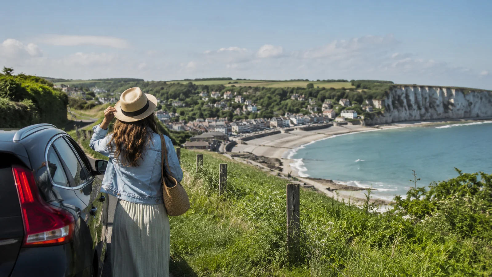 Illustration photoréaliste : voyageuse devant un panorama réunissant campagne verdoyante, lac côtier, plage et falaises de Normandie