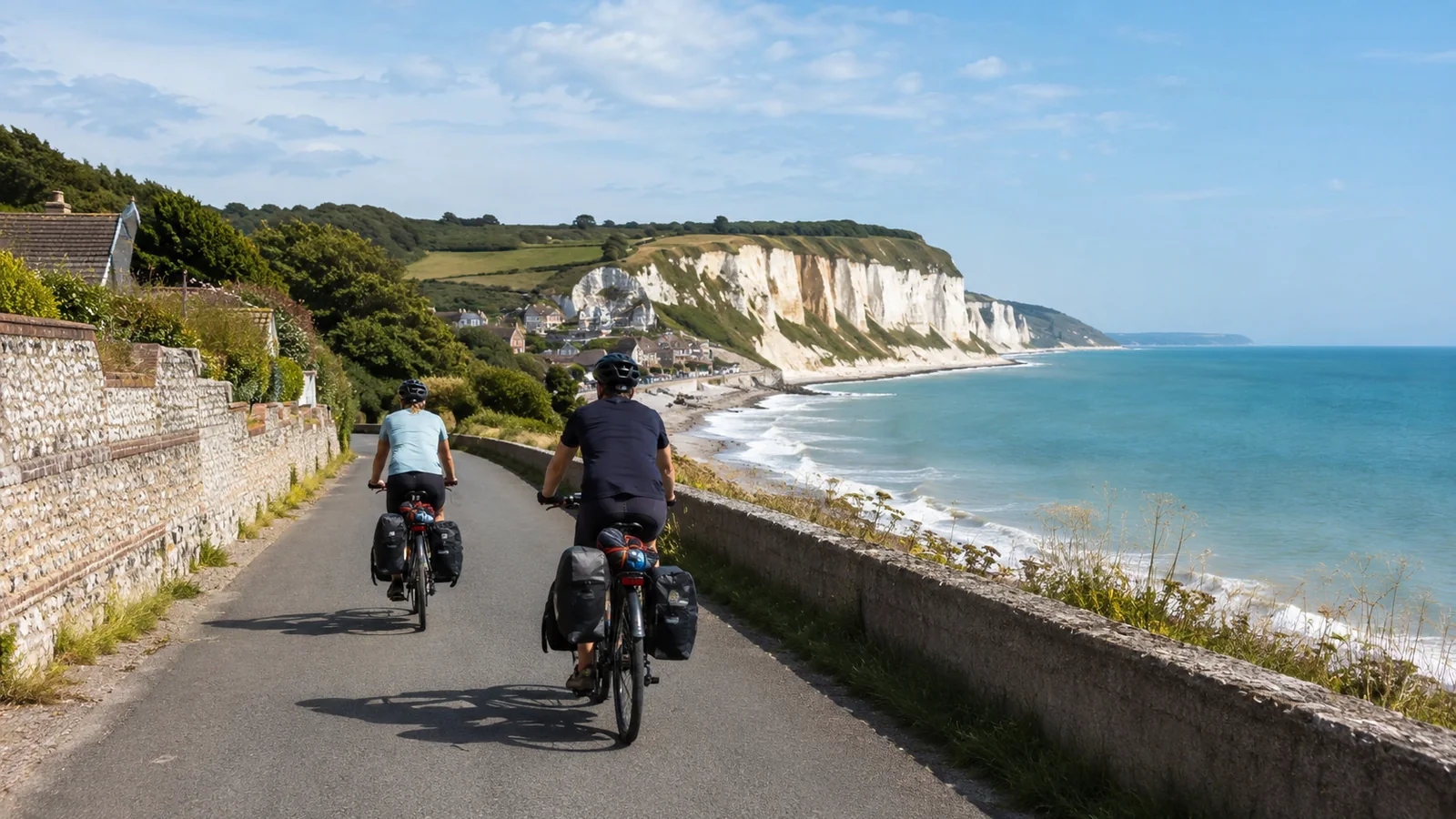 Illustration photoréaliste de cyclistes avec sacoches roulant sur la Vélomaritime le long des falaises de la Côte d’Albâtre près de Paluel
