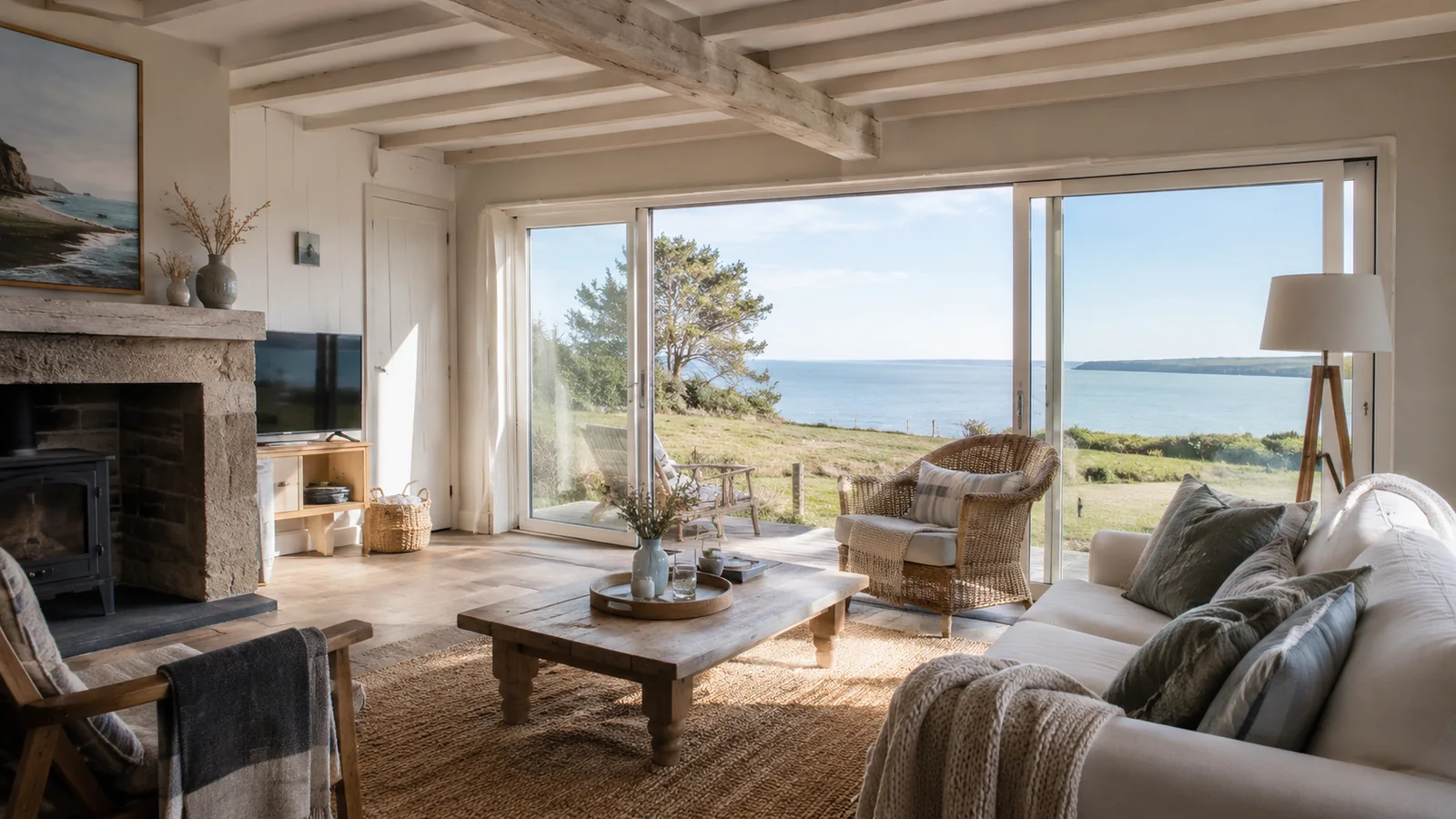 Illustration photoréaliste : salon lumineux d’un gîte normand contemporain avec décoration côtière, bois naturel et vue dégagée