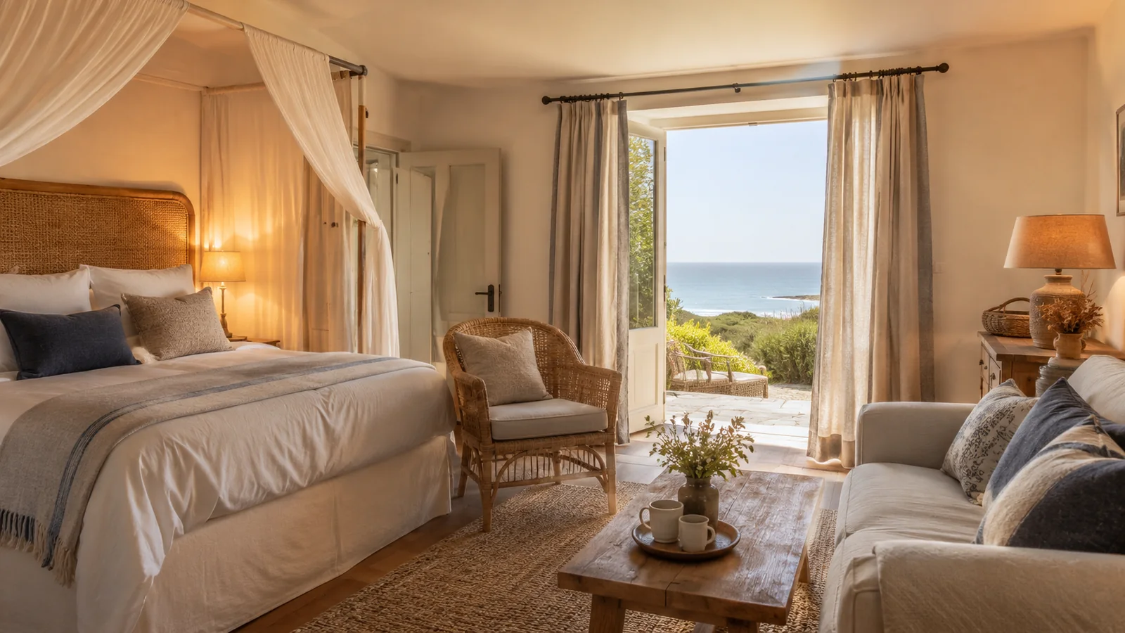 Illustration photoréaliste : chambre de gîte côtière lumineuse pour deux personnes avec lit confortable, fauteuils et accès extérieur