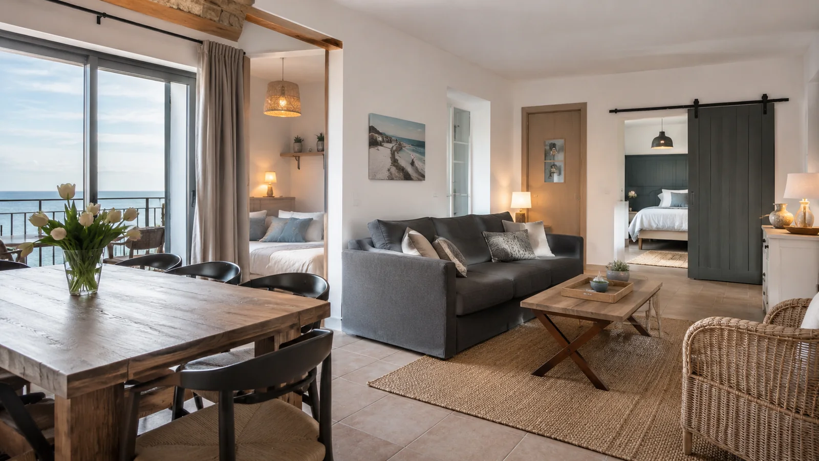 Illustration photoréaliste : séjour moderne de gîte près de la mer avec salon, table, chambres séparées et décoration naturelle